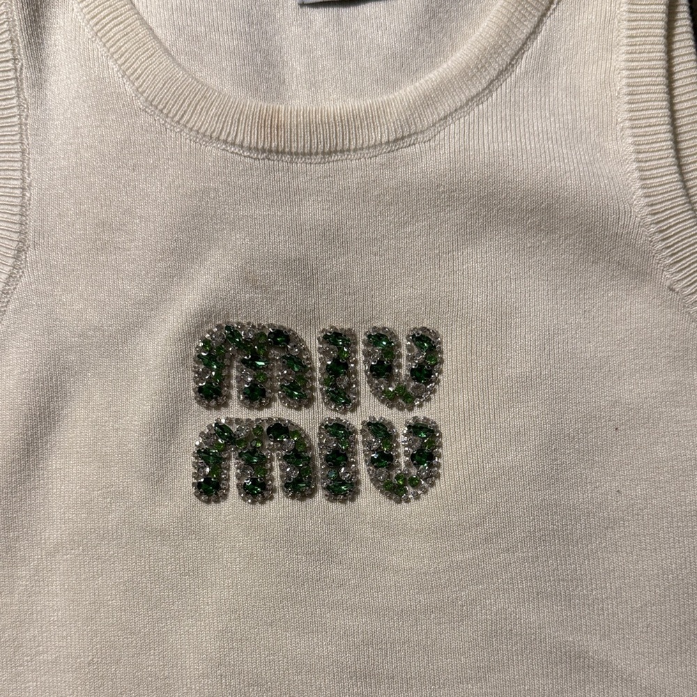 Used Miu Miu Creme Tank Top with Green Accents
